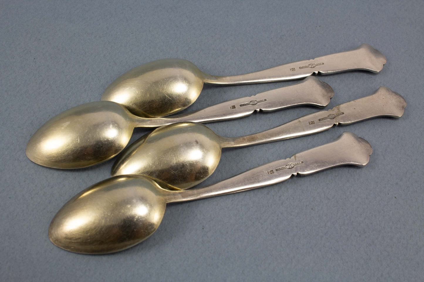 4 mocha spoons from Grasoli, art nouveau, hammered silver plated