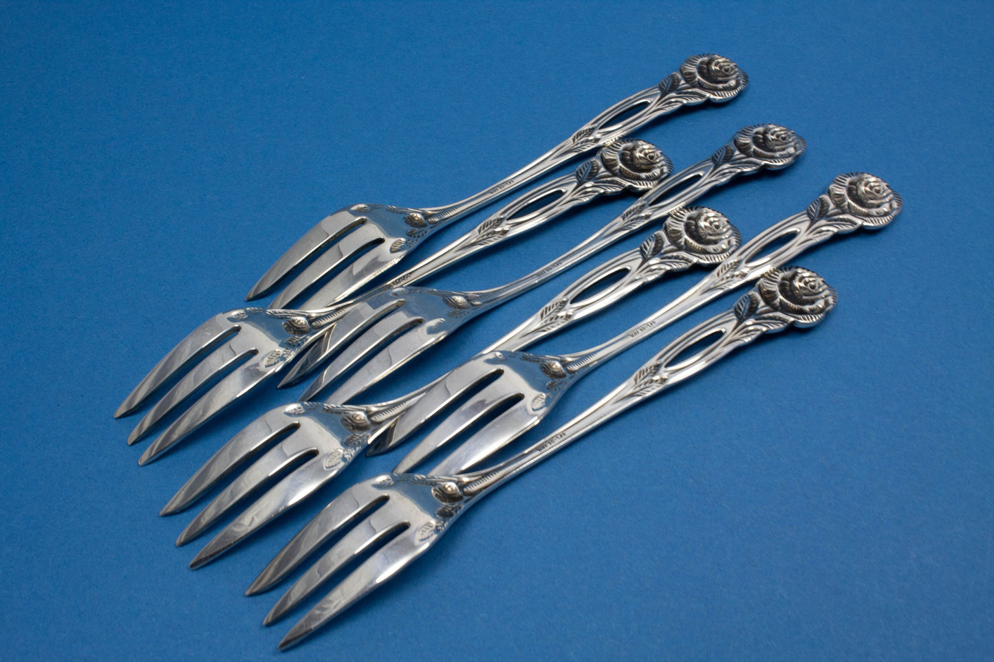 6 versilberte Kuchengabeln mit Rosen, versilberte Gabeln von WMF