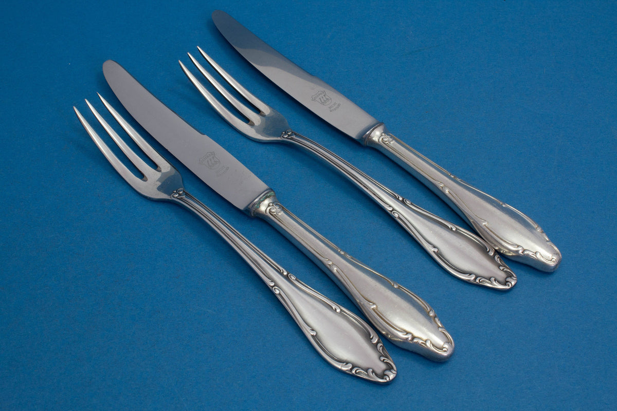Seltenes Frühstückbesteck für 2 von Wellner, Mozart, versilbert, Gabel und Messer