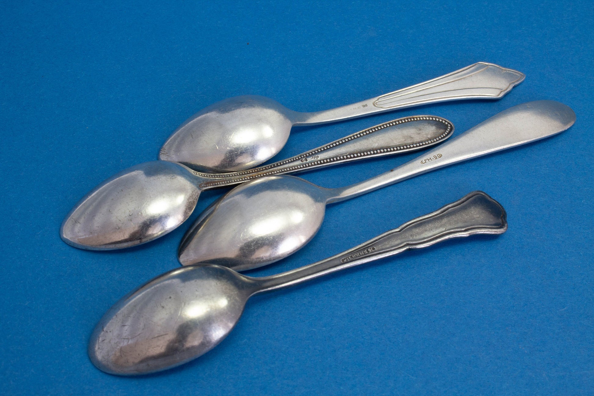 4 silver plated mocha spoons with mismatched patterns, shabby chic, engraved