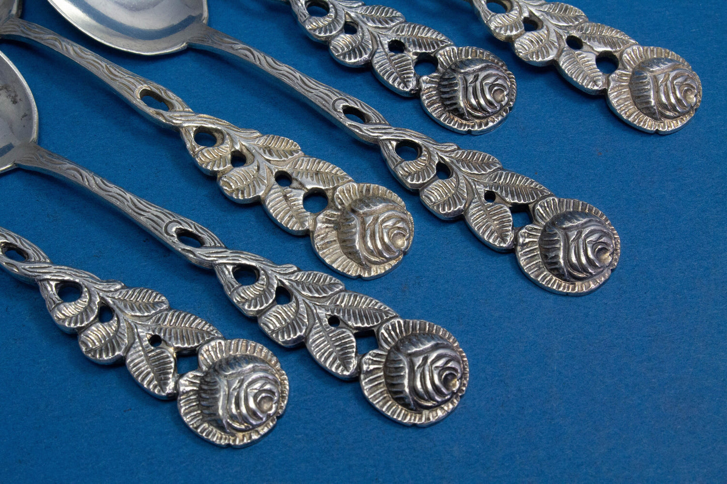 6 mocha spoons with roses, silver plated, silverware