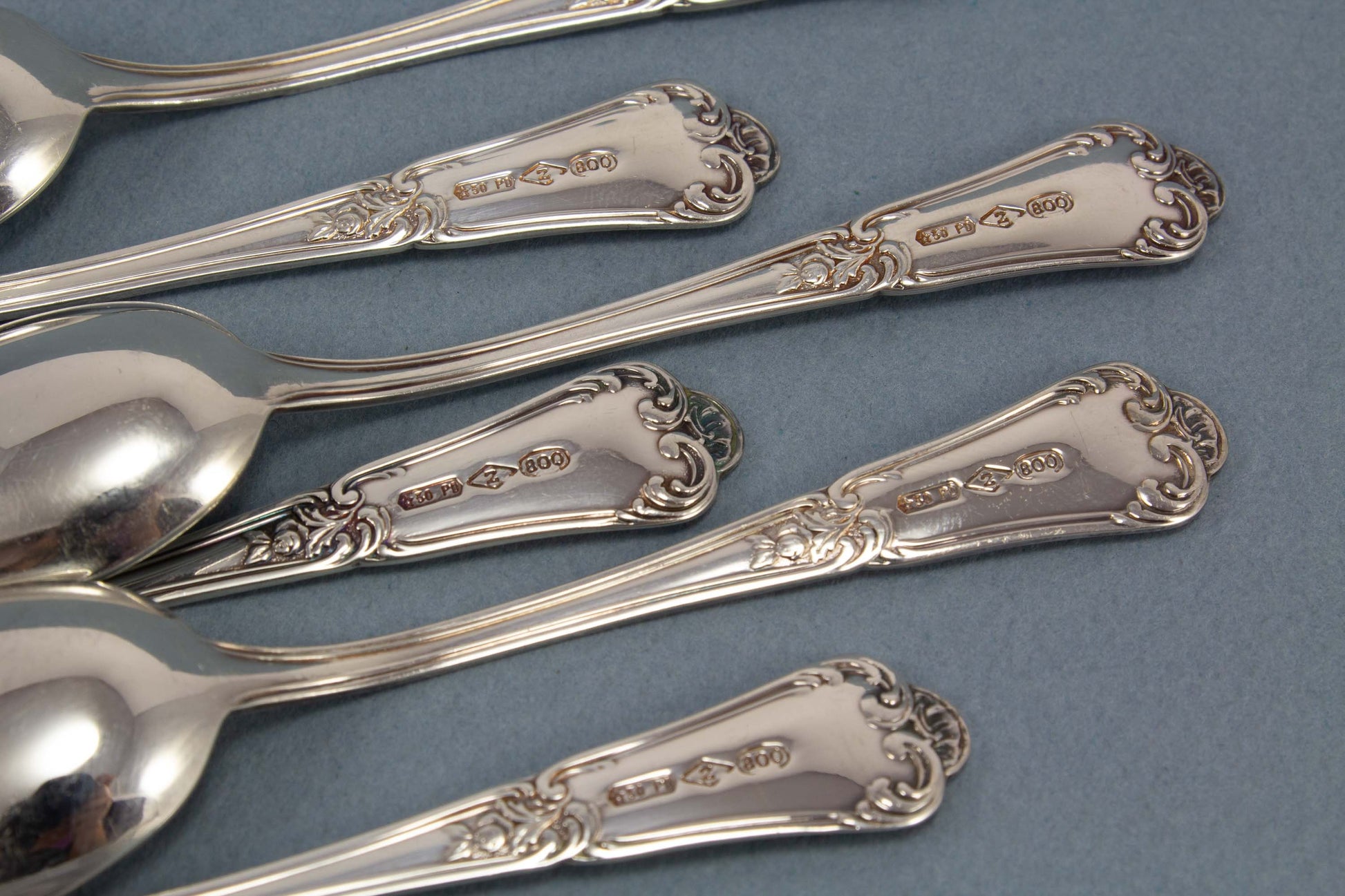 6 Mokkalöffel aus 800er Silber, Rokoko Muster, Silberbesteck aus Padova, Italien