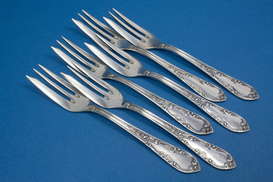 6 versilberte Kuchengabeln im Rokokostil