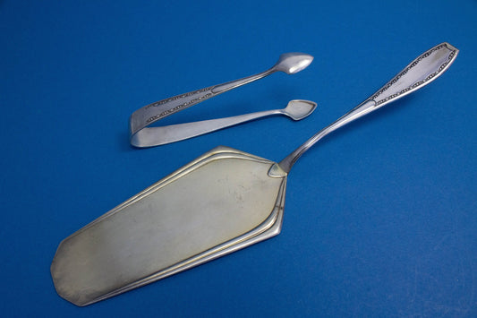 Silver-plated cake server with matching sugar tongs